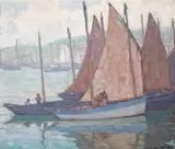 Sardine Boats (Gray Day) by Edgar Alwin Payne, oil on canvas, sold Aug 2008