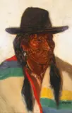 Joseph Henry Sharp, An Indian with a Colorful Blanket and a Hat, oil on board