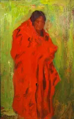 Indian Wrapped in a Red Blanket by Joseph Henry Sharp, oil on panel, sold Aug 2008
