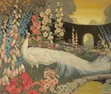 Jessie Arms Botke, White Peacock in a Garden of Hollyhocks