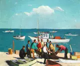Paul Sample, Fishermen at Newport, oil on canvas on board