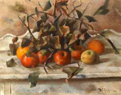 A Still Life with Fruit and Branches by Henry Lee McFee, oil on canvas, offered Aug 2008
