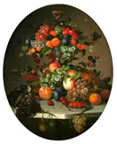 Charles Baum, Still Life of Fruit in an Ewer on a Marble Table, oil on canvas