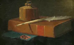 John F. Peto, Inkwell, Quill and Book, oil on card
