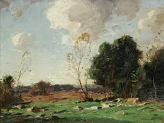 George M. Bruestle, Landscape of Trees on the Edge of a Clearing, oil on canvas