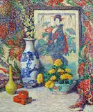 Lillian Burk Meeser, Still life of Vases, Crysanthamums, and a Japanese Print, oil on canvas