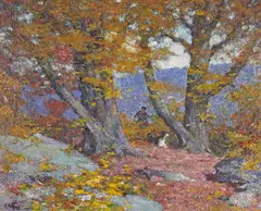 Edward Henry Potthast, A Hunter and His Dog among Autumn Trees, oil on canvas