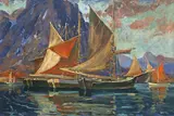 Jonas Lie, Fishing Boats in a Harbor, oil on canvas
