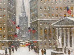 Guy Carleton Wiggins, The Financial District, New York Winter, oil on canvas board