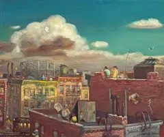 Cecil Crosley Bell, Roof Top Kite Flying, New York, 1937, oil on canvas