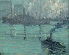 Alice Hirsh, East River at Night, oil on card