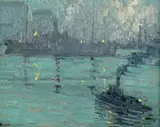 Alice Hirsh, East River at Night, oil on card