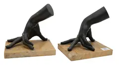 Auguste Rodin, Hand Bookends realistically molded and dark patinated splayed hounds mounted on rectangular Siena marble base height 8 1/2 inches, Bronze