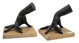 Auguste Rodin, Hand Bookends realistically molded and dark patinated splayed hounds mounted on rectangular Siena marble base height 8 1/2 inches, Bronze