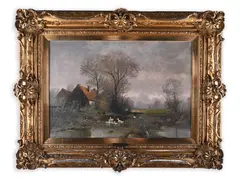 Houses Near a Pond by Adolf Kaufmann, Before 1900, Oil on canvas, sold Oct 2021
