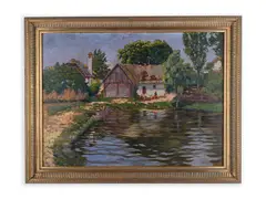 Viktor Klein, Houses Near the Pond, First third of 20th century, Oil on cardboard