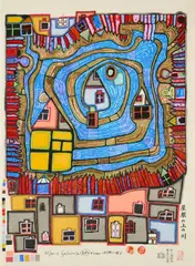 Friedensreich Hundertwasser, Wasserende am Dach, 1987, Farbholzschnitt auf Japan