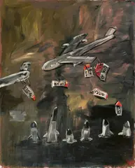 Walter Dahn, Alternativvorschlag (Häuser auf Bomben), 1983, Mischtechnik auf Leinwand