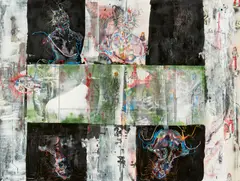 Lilli Elsner, "Abendmahl", 2014, Mischtechnik auf bedrucktem Stoff