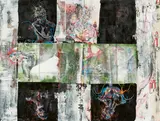 Lilli Elsner, "Abendmahl", 2014, Mischtechnik auf bedrucktem Stoff