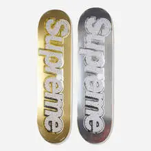Supreme, Bling Logo skateboard decks (Gold and Platinum), pair, 2013, offset lithograph in colors on 7-ply maple