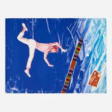 Emma Amos, Giza, Emma and Larry, 1992, lithograph in colors with fabric appliqué