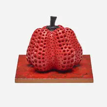 Yayoi Kusama, Red Pumpkin, 1998, painted resin, wood box, ceramic tile, paper box