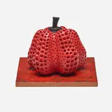 Red Pumpkin by Yayoi Kusama, 1998, painted resin, wood box, ceramic tile, paper box, sold Sep 2022