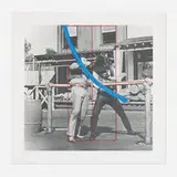 John Baldessari, Blue Masterstroke over Red Diagram and Two Cowboys, 1989, lithograph and screenprint in colors on Arches 88