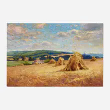 Haystacks, Fox River Valley, Illinois by William Wendt, oil on canvas, sold Nov 2024