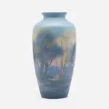 Fred Rothenbusch for Rookwood Pottery, Large scenic Vellum vase with country village landscape
