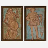 Renaissance musician tiles, set of two by Ernest A. Batchelder for Batchelder Tile Company, c. 1920, glazed ceramic, sold Nov 2022