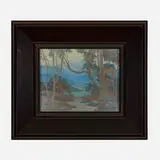 Mountainous landscape (Vellum plaque) by Margaret Helen McDonald for Rookwood Pottery, 1943, glazed porcelain, sold Nov 2022