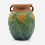 Sunflower vase, model 491-8 by Roseville Pottery, c. 1933, glazed earthenware, sold Nov 2022