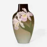 Albert R. Valentien for Rookwood Pottery, Fine and Large Iris Glaze vase with Cattleya orchids