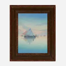 Carl Schmidt for Rookwood Pottery, Fishing Boats at Anchor, Venice (Large Vellum plaque), 1919, glazed earthenware, original frame