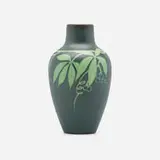 Rare Green Vellum vase with woodbine by Elizabeth N. Lincoln for Rookwood Pottery, 1910, glazed earthenware, sold Nov 2022