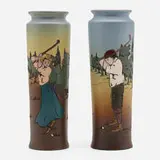 Second-line Dickensware vases with golfers, set of two by attribution Levi J. Burgess for Weller Pottery, sold Nov 2022