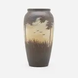 Unique scenic Vellum vase by Edward T. Hurley for Rookwood Pottery, 1908, glazed earthenware, sold Nov 2022