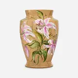 Early Limoges style vase with Asiatic lilies by Henrietta Leonard for Rookwood Pottery, sold Nov 2022