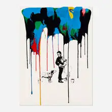 Pup Art by Thierry Guetta, 2012, mixed media, spray paint, acrylic, stencil, screenprint, on hand torn paper, sold Apr 2021