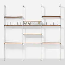George Nelson & Associates, CSS (Comprehensive Storage System), 1959, aluminum, walnut, enameled steel, glass, brass, plastic, fabric