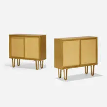 Custom cabinets, pair by Edward Wormley, c. 1950, mahogany, Pandamus cloth, sold Feb 2021