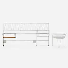 Maurizio Tempestini, Neva-Rust headboard and occasional table, c. 1955, enameled steel, glass, milk glass, cane