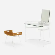 Maurizio Tempestini, Ribbons vanity and Neva-Rust bench, c. 1955, enameled steel, mirrored glass, glass, wicker, milk glass