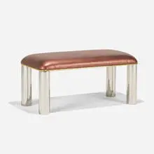 Bench by Karl Springer, c. 1985, polished stainless steel, brass, upholstery, sold Feb 2021