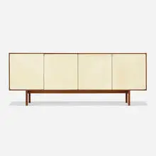 Cabinet, model 541 by Florence Knoll, 1952, walnut, lacquered wood, polished aluminum, sold Feb 2021