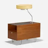 End table, model 4745 with swing-arm lamp by George Nelson & Associates, walnut veneer, glass, chrome-plated brass and steel, aluminum, fiberglass shade, sold Feb 2021
