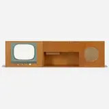 Stereo cabinet system, models 4743 and 4601 by George Nelson & Associates, combed oak, aluminum, molded and painted plastic, linen, sold Feb 2021