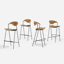 Bar stools, set of four by Arthur Umanoff, c. 1955, enameled steel, elm, rush, sold Feb 2021